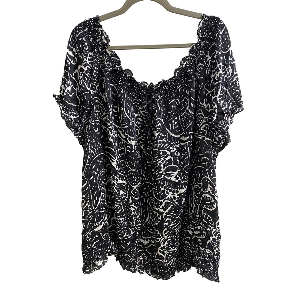 INC International Concepts Woman 24W Silk Blouse Black White Beaded Smocked Top